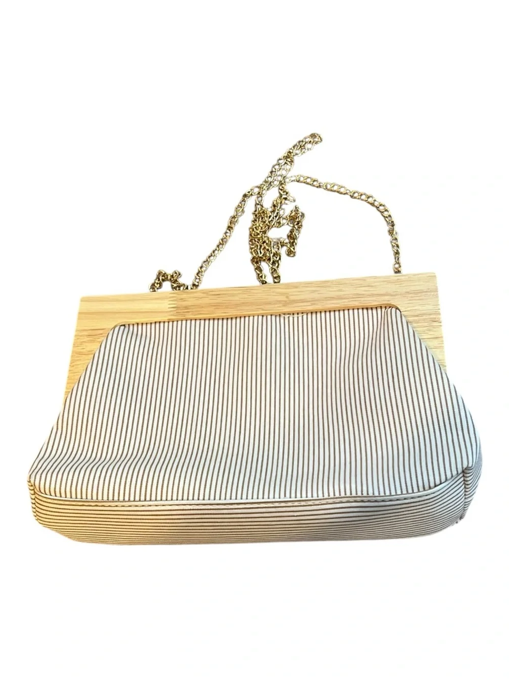 Wood Frame Canvas Crossbody Clutch Beige Tan Striped Removable Chain